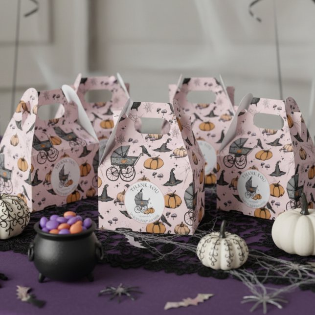 Custom Goth Pink Baby Carriage Halloween Favour Box (Pink A Baby is Brewing Halloween Baby Shower Favor Boxes. Spooky Baby Carriage, Pumpkin, Witch Hat)