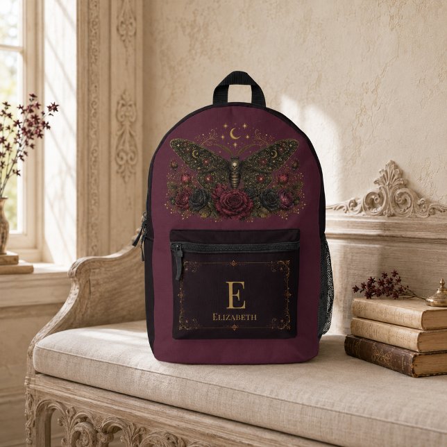Custom Gothic Moth Burgundy Roses Dark Academia Printed Backpack (Custom Gothic Moth Burgundy Roses Dark Academia Printed Backpack)