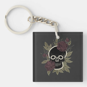 Custom Gothic Skull and Roses Dark Floral Art Key Ring