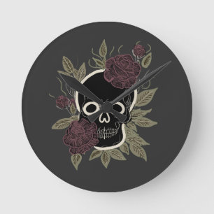 Custom Gothic Skull and Roses Dark Floral Art Round Clock