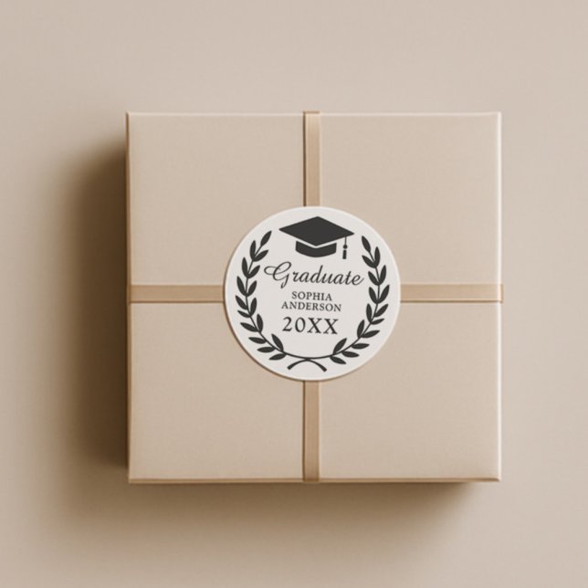 Custom Grad Cap & Laurel Wreath Graduation Emblem Classic Round Sticker (Creator Uploaded)