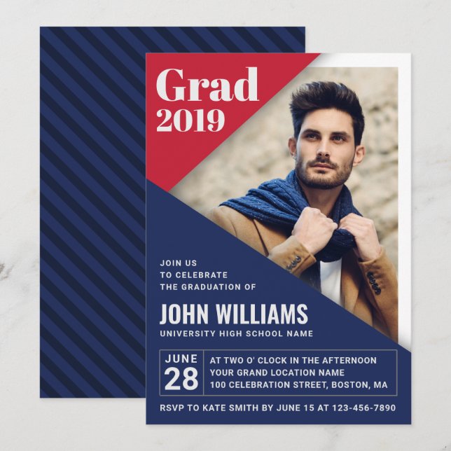Custom GRAD Modern Red Blue White Photo Graduation Invitation (Front/Back)
