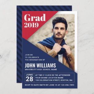 Custom GRAD Modern Red Blue White Photo Graduation Invitation
