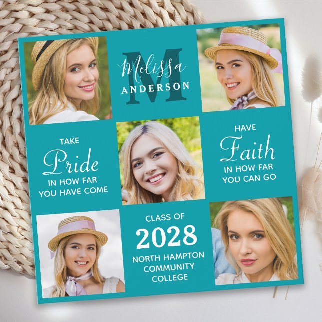 Custom Graduate 5 Photo Collage Teal Graduation Announcement (Creator Uploaded)