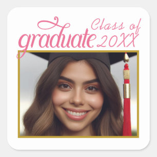 Custom Graduate Photo Class Year Fancy Script Square Sticker