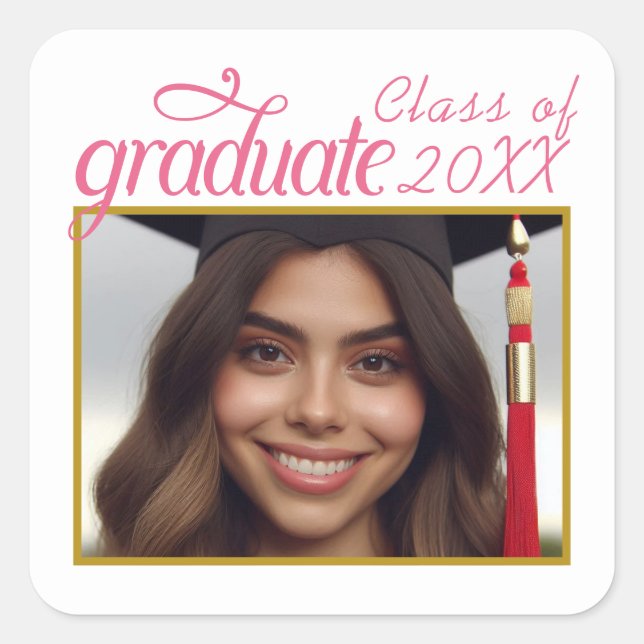 Custom Graduate Photo Class Year Fancy Script Square Sticker (Front)
