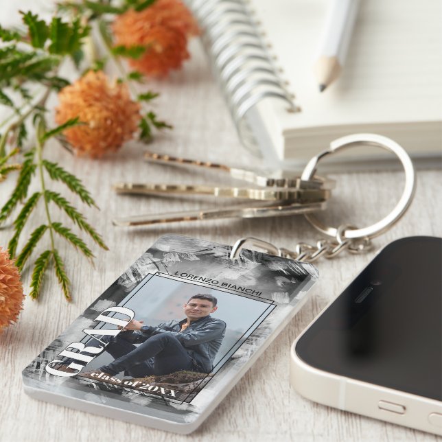 Custom Graduate Photo On Abstract Art Pattern Key Ring (Front Right)