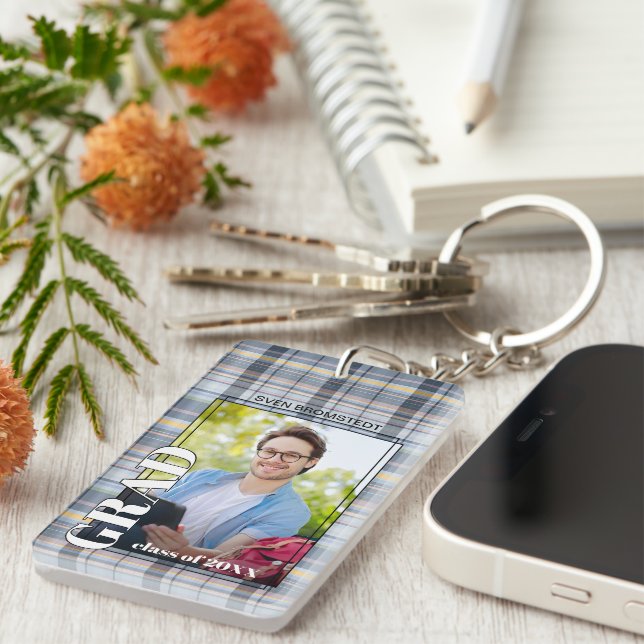 Custom Graduate Photo On Gingham Pattern Key Ring (Front Right)