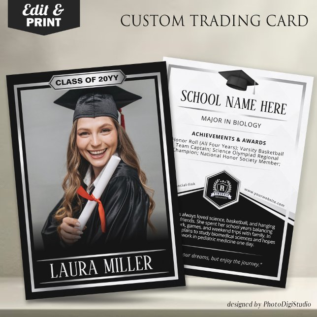 Custom Graduate Trading Card Elegant Black Silver (Editable Graduate Trading Card, Elegant Black Silver Card, Custom Trading Card for Graduation)