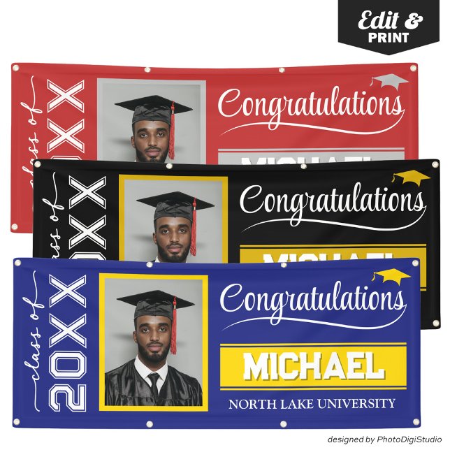 Custom Graduation Banner with Name & School (2025 Editable Graduation Banner with Name & School, Navy Blue and Gold Banner Outdoor Horizontal)