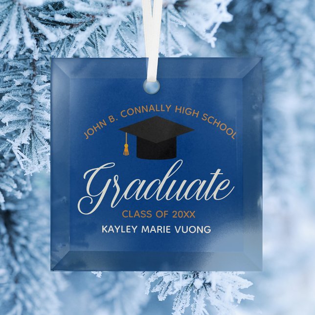 Custom Graduation Blue Gold Graduate Christmas Glass Tree Decoration (Creator Uploaded)