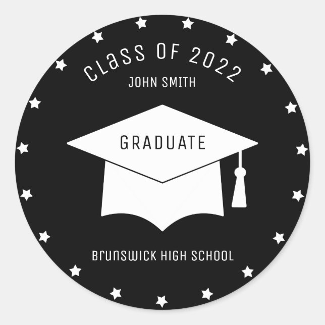 Custom Graduation Cap Year School Name Black White Classic Round Sticker (Front)
