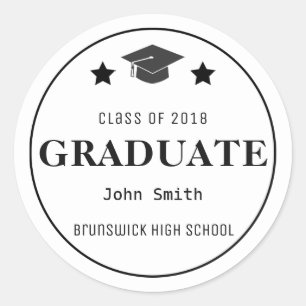 Custom Graduation Cap Year School Star Black White Classic Round Sticker