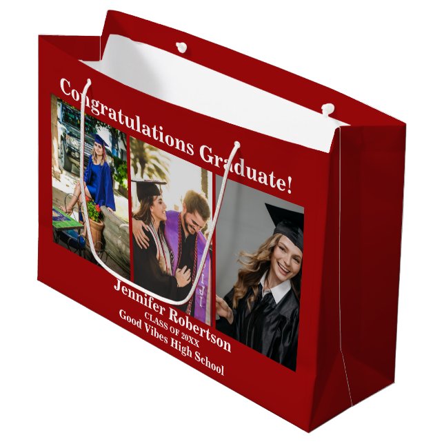 Custom Graduation Class of 3 Photo Collage Name  Large Gift Bag (Front Angled)