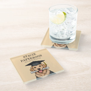 Custom Graduation Cute Golden Retriever Dog Glass Coaster
