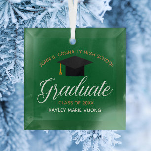 Custom Graduation Green Gold Graduate Christmas Glass Tree Decoration