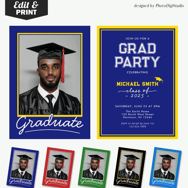 Custom Graduation Invitation Card | Classic Design (Custom Graduation Invitation Card | Blue and Gold Classic Design for Graduation Party and Ceremony)