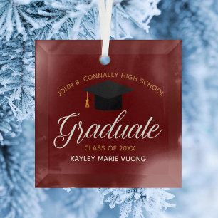 Custom Graduation Maroon Gold Graduate Christmas Glass Tree Decoration