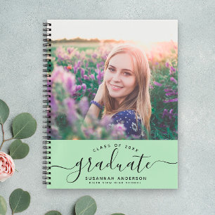 Custom Graduation Modern Mint Script Photo Guest Notebook