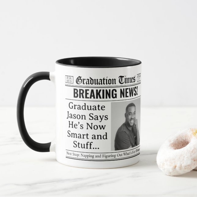 Custom Graduation Mug, Fun Personalised Newspaper Mug (With Donut)