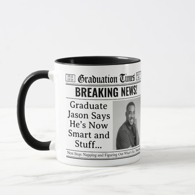 Custom Graduation Mug, Fun Personalised Newspaper Mug (Left)