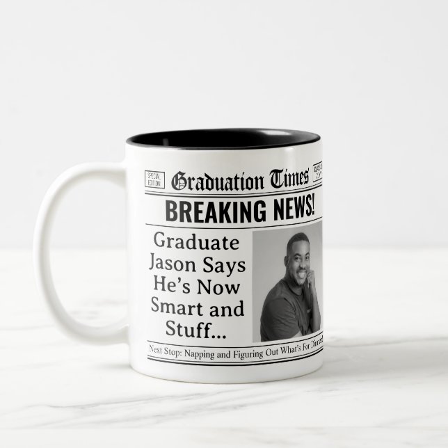 Custom Graduation Mug, Fun Personalised Newspaper Two-Tone Coffee Mug (Left)