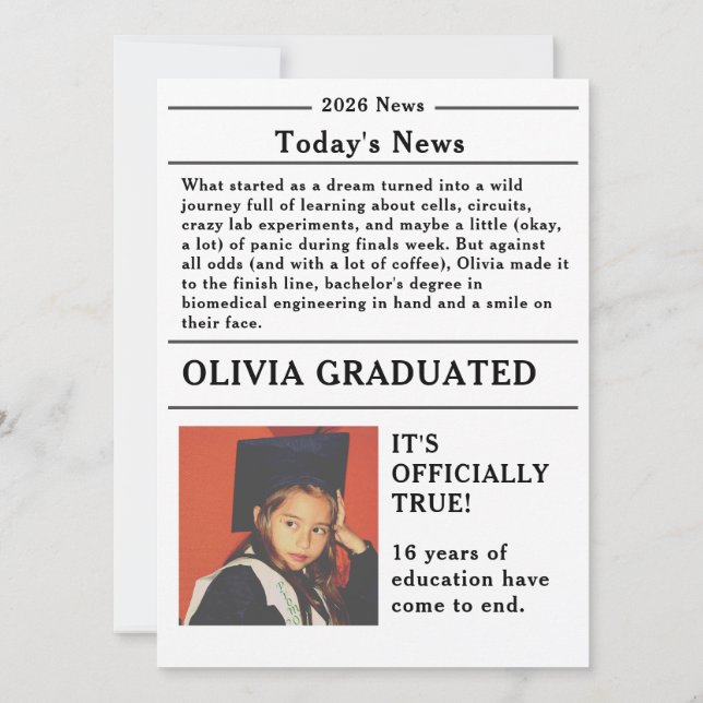 Custom Graduation Newspaper Academic Major Edition (Back)