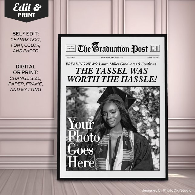 Custom Graduation Newspaper, Chic Graduation Party Poster (Custom Graduation Newspaper Print, Personalized Grad Gift, Fun Tassel Quote)