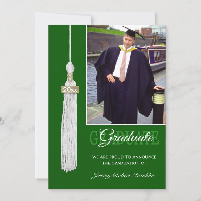 Custom Graduation Party Invite Green White Tassel (Front)
