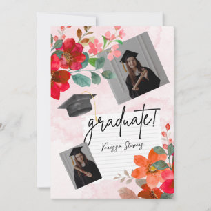 Custom Graduation Party Watercolor Flower Photo Invitation