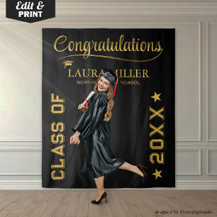 Custom Graduation Photo Banner, Black Gold Prop Tapestry