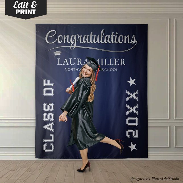 Custom Graduation Photo Banner, Blue Silver Prop Tapestry (Editable Navy & Silver Graduation Photo Backdrop)