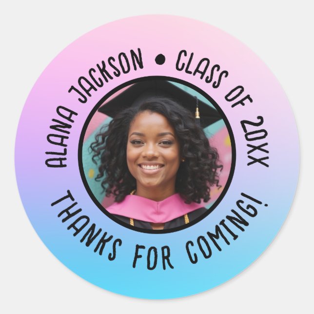 Custom Graduation Photo Gradient Thank You Favour Classic Round Sticker (Front)