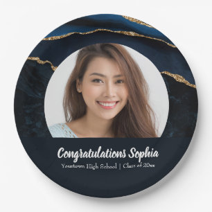 Custom Graduation Photo Marble Agate Blue Paper Plate