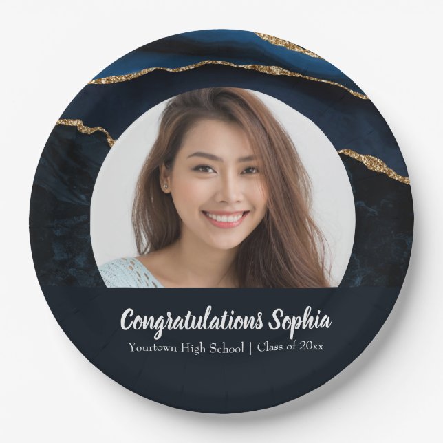 Custom Graduation Photo Marble Agate Blue Paper Plate (Front)