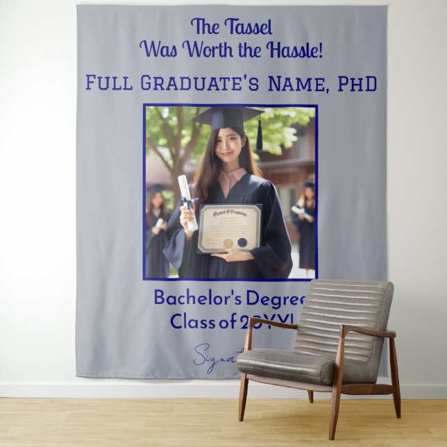 Custom Graduation Photo Navy Blue Backdrop Banner Tapestry (In Situ)