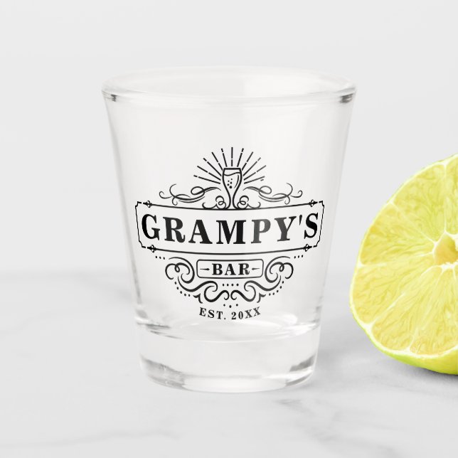 Custom Grampy's Bar Year Established Shot Glass (Front)