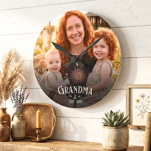 Custom Grandma Est Modern White Script Photo Round Clock