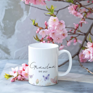Custom Grandma Est. Year -  Flower and Butterfly  Coffee Mug