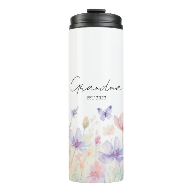 Custom Grandma Est. Year -  Flower and Butterfly  Thermal Tumbler (Front)