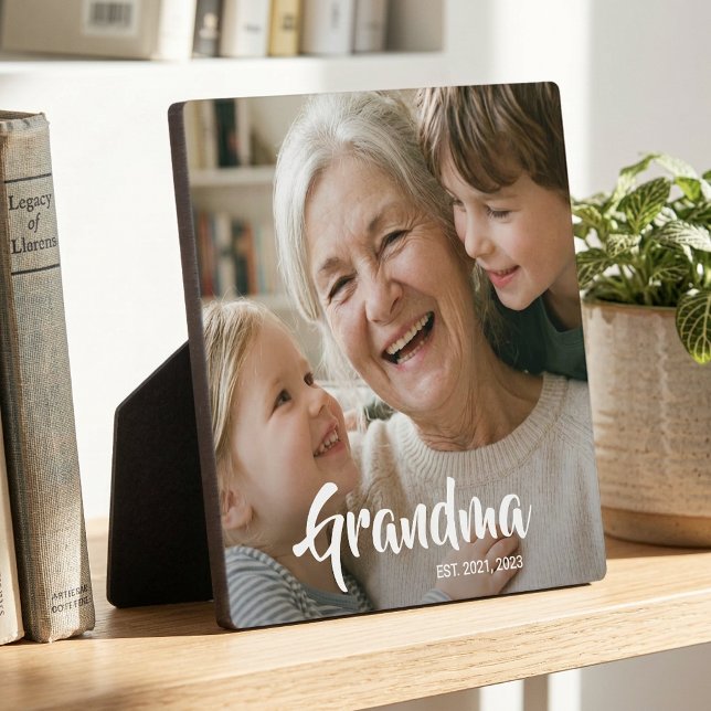 Custom Grandma Established Modern Script Photo Plaque (Grandma Established Script Photo Plaque)