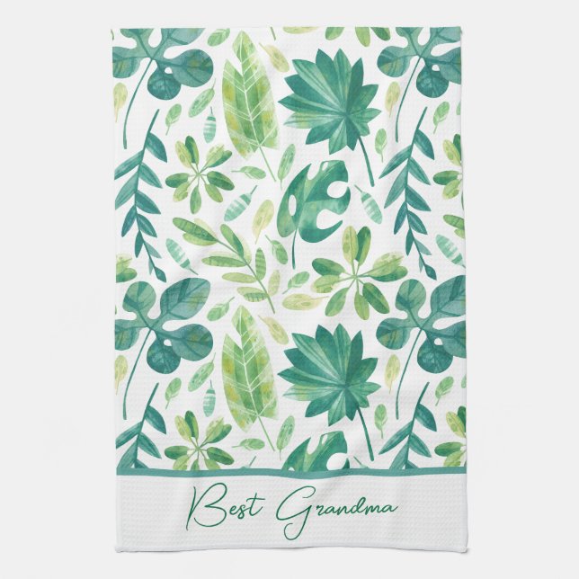 Custom Grandma Tropical Monstera Leaf Green Teal Tea Towel (Vertical)