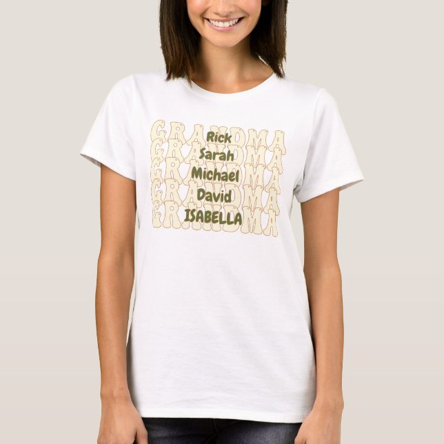 Custom Grandma With Five Grandchild's Names Groovy T-Shirt (Front)
