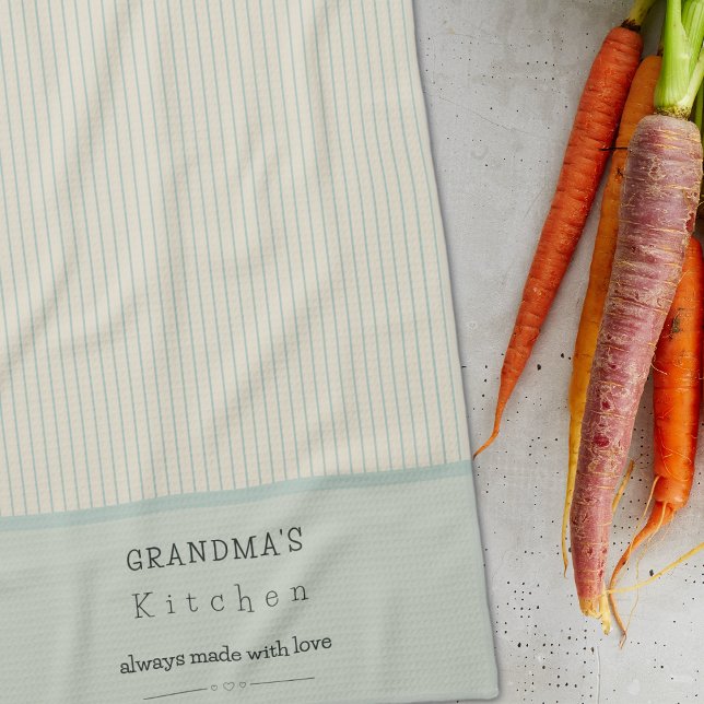 Custom Grandma's Kitchen Cream & Pale Blue Striped Tea Towel (Creator Uploaded)