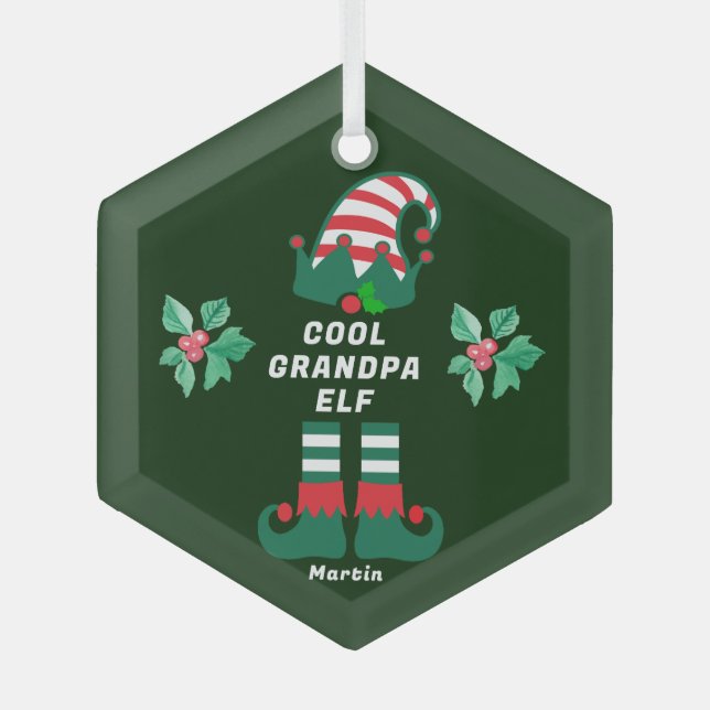 Custom Grandpa Elf Family Matching Christmas Name Glass Tree Decoration (Front)