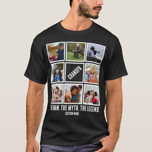Custom Grandpa the man myth legend 8 Photo Collage T-Shirt (Front)