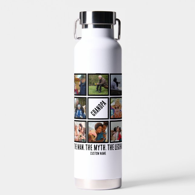 Custom Grandpa the man myth legend 8 Photo Collage Water Bottle (Front)