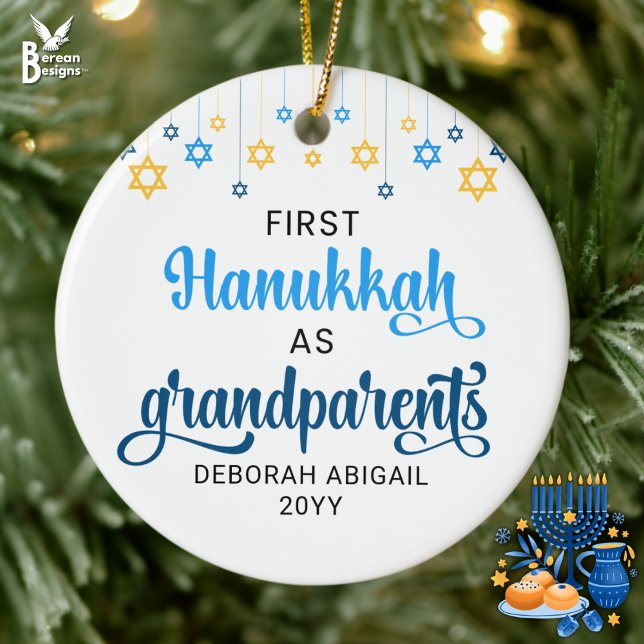 Custom GRANDPARENTS FIRST HANUKKAH  Ceramic Ornament (GRANDPARENTS' FIRST HANUKKAH ceramic ornament with CUSTOM name/year. Ideal first gift from grandbaby)