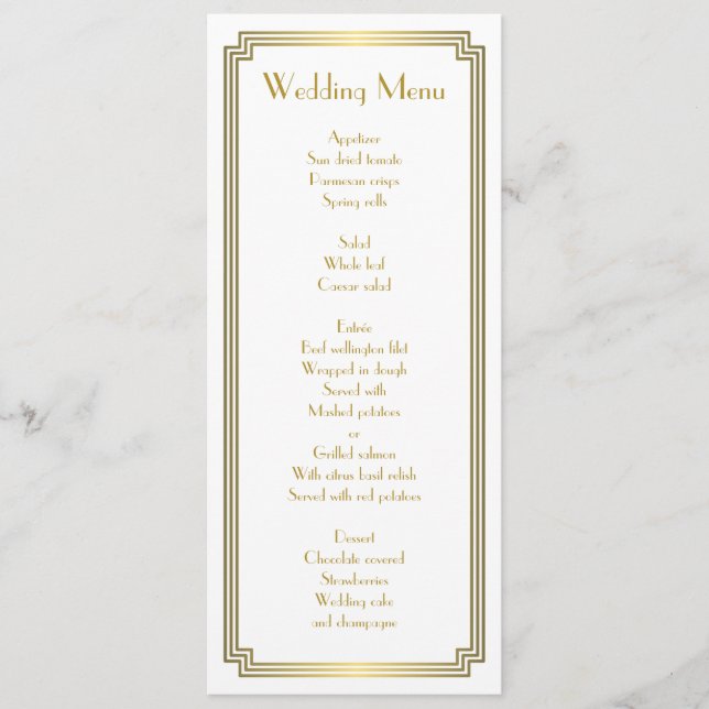 Custom Great Gatsby Art Deco White Wedding Menu (Front)