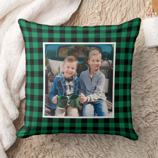 Custom Green and Black Buffalo Plaid Holiday Photo Cushion (Blanket)